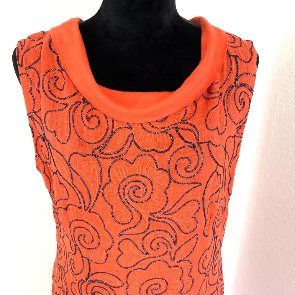 Lungo L’arno Orange Linen Sleeveless Dress With Allover Embroidery Mady …